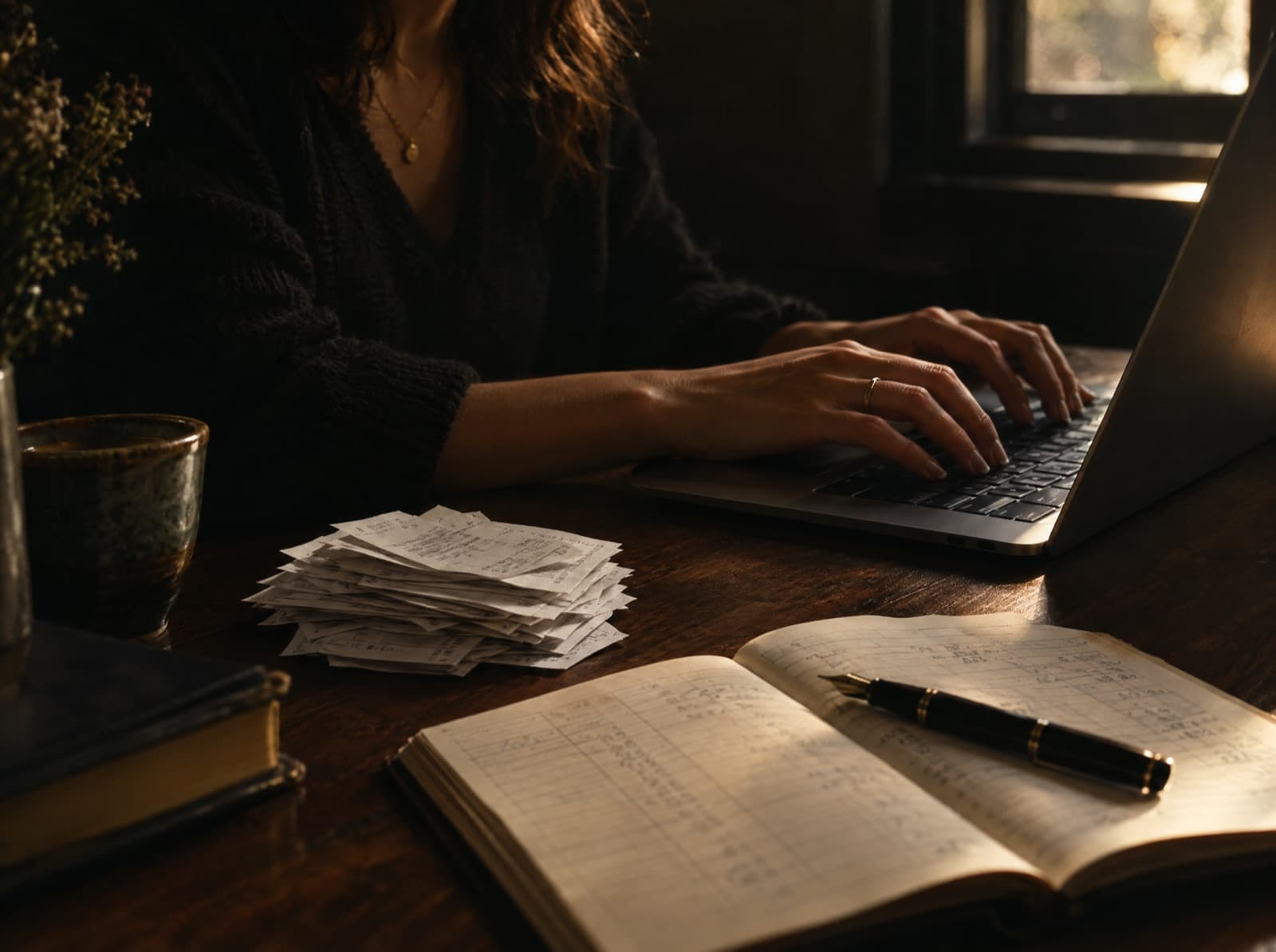 Hands typing on a laptop beside a stack of receipts and an open ledger