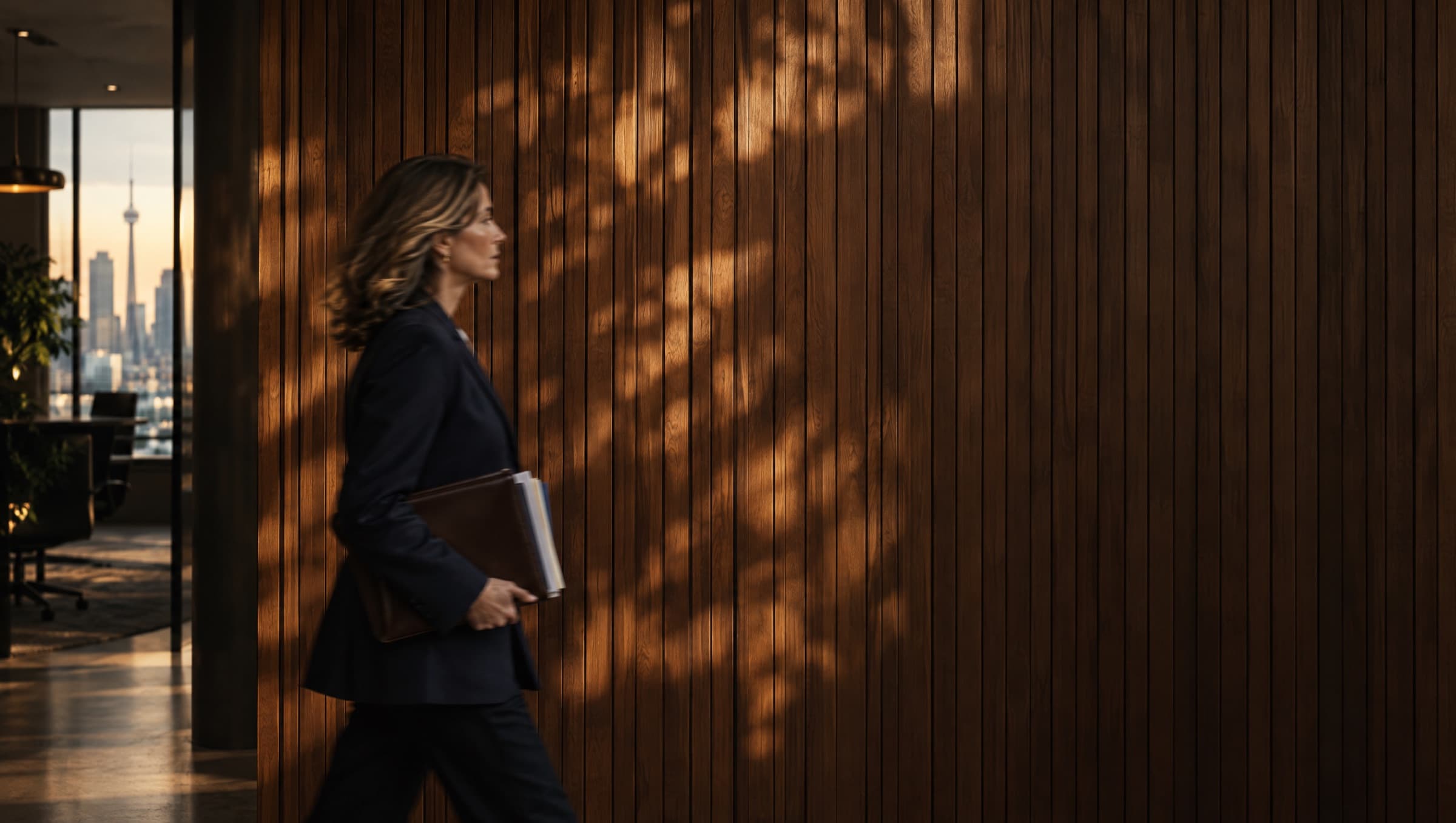 A bookkeeper walking past a warm walnut wall in a Toronto office