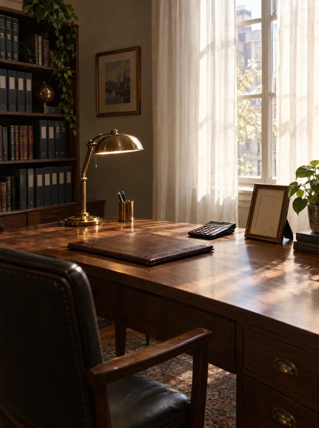 A small, warm accountant’s office with a walnut desk and brass lamp