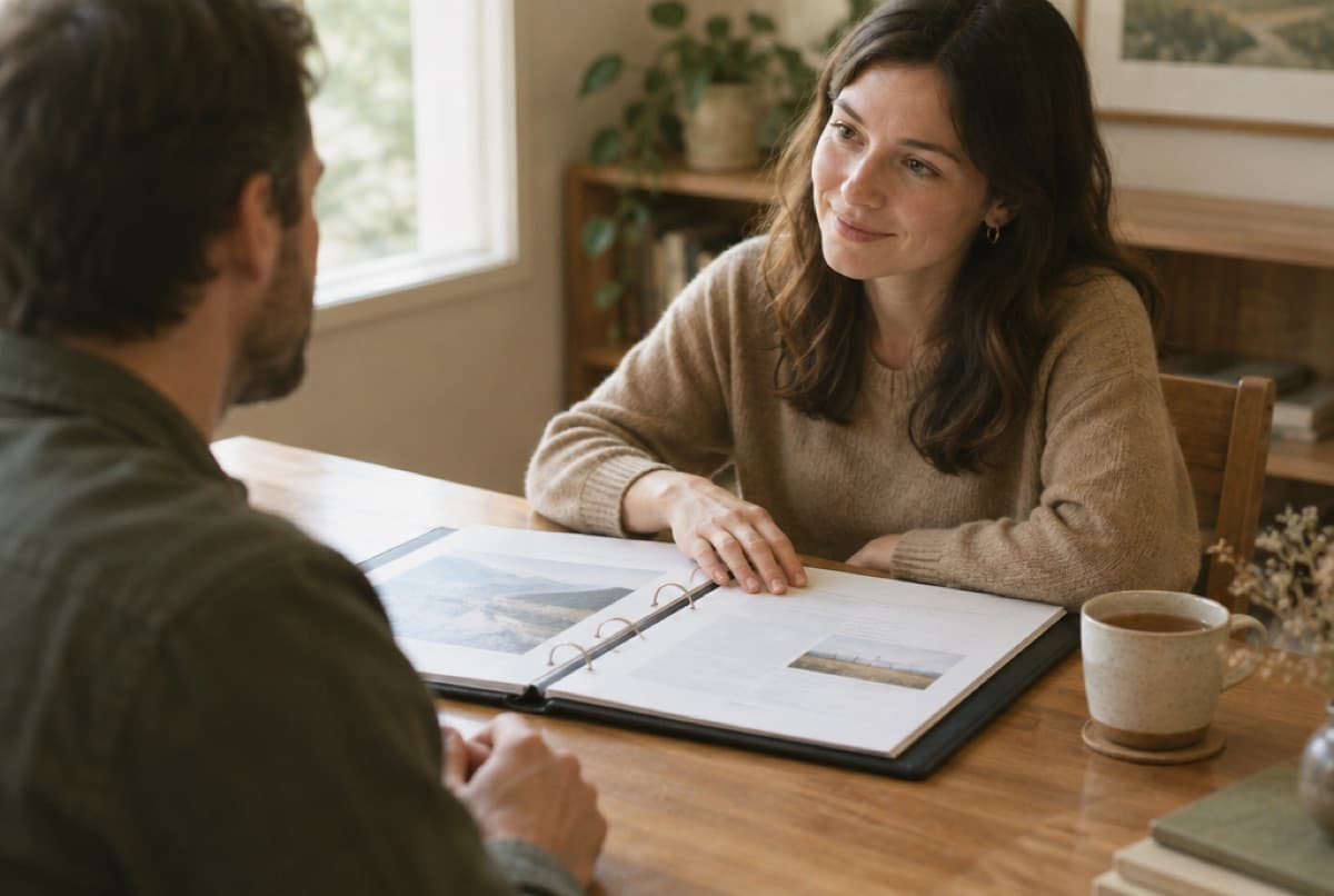 A calm meeting across a desk with an organized binder of documents