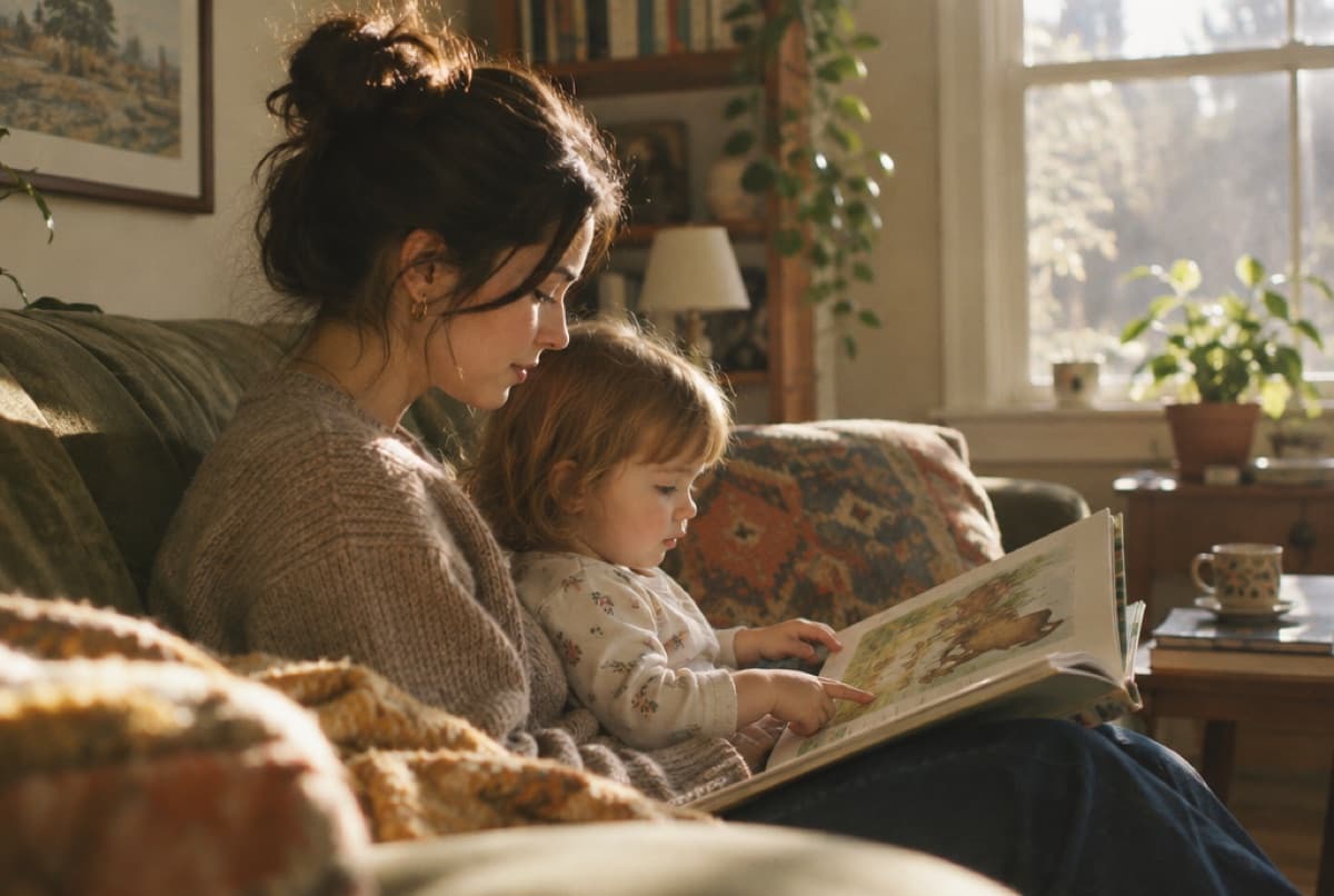 A young woman reading a picture book with a toddler on a sofa