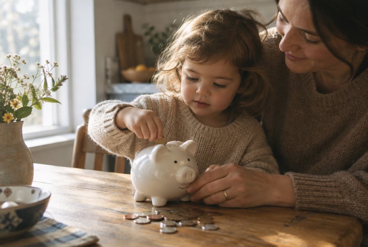 A parent helping a small child drop coins into a piggy bank