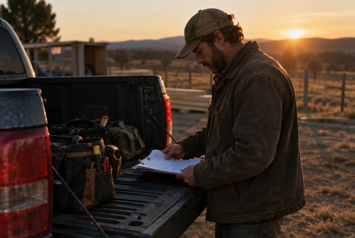A tradesperson reviewing paperwork on the tailgate of a pickup truck at golden hour