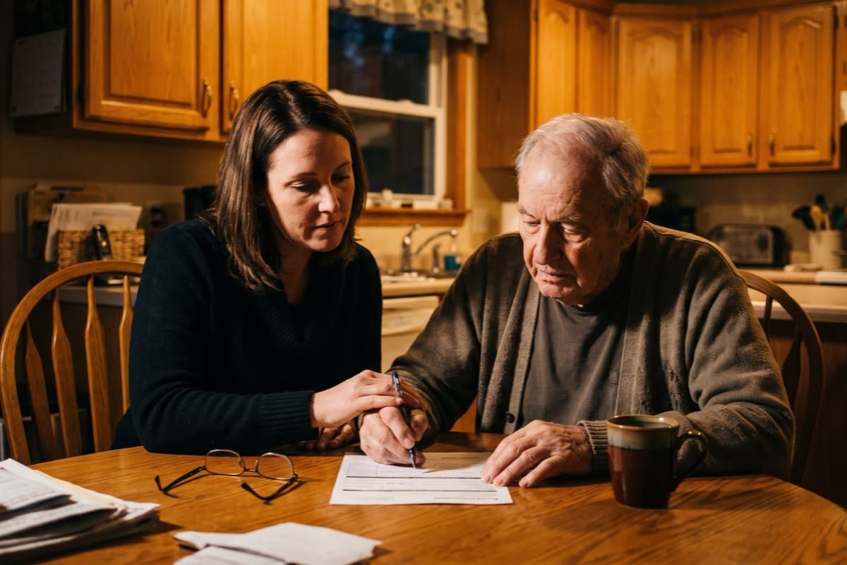 A caregiver and an older adult going through paperwork together at a kitchen table