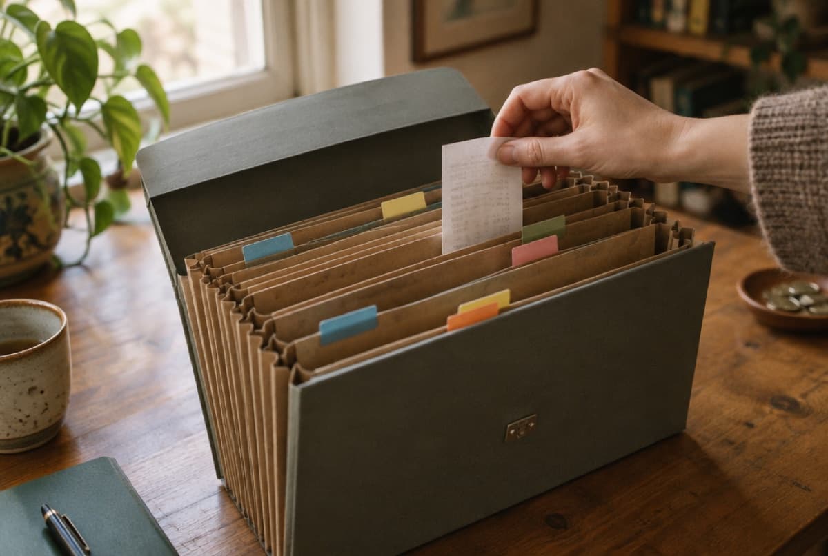 An accordion file organizer with labelled folders on a wooden desk