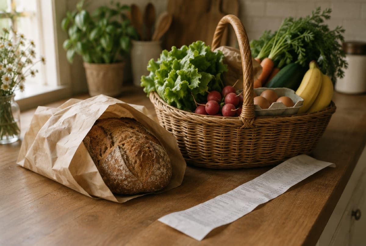 A loaf of bread, a basket of groceries and a long store receipt on a kitchen counter