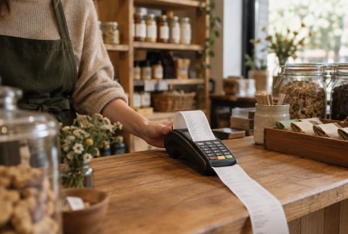A card payment terminal printing a receipt on a shop counter