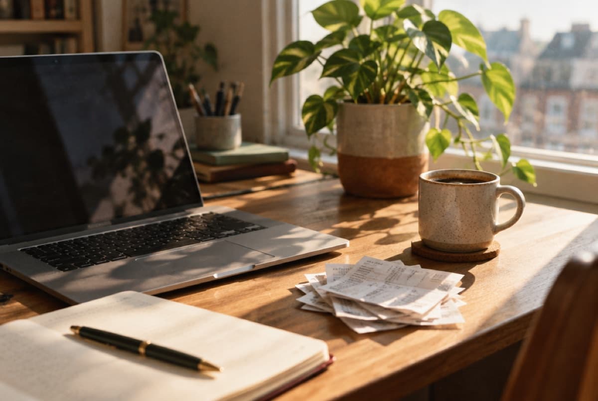 A home-office desk with a laptop, receipts and a coffee in morning light